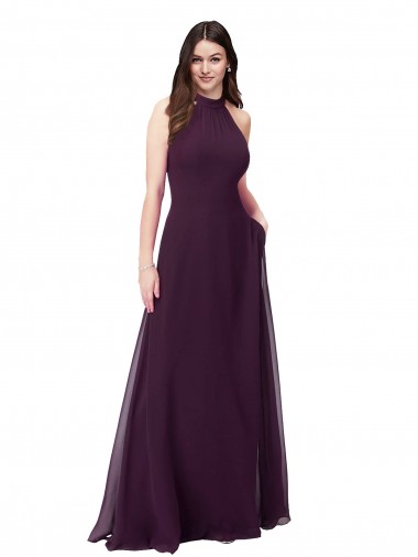 Billigste Traube A-Linien Neckholder Stehkragen Ausschnitt Chiffon Lange Brautjungfernkleider