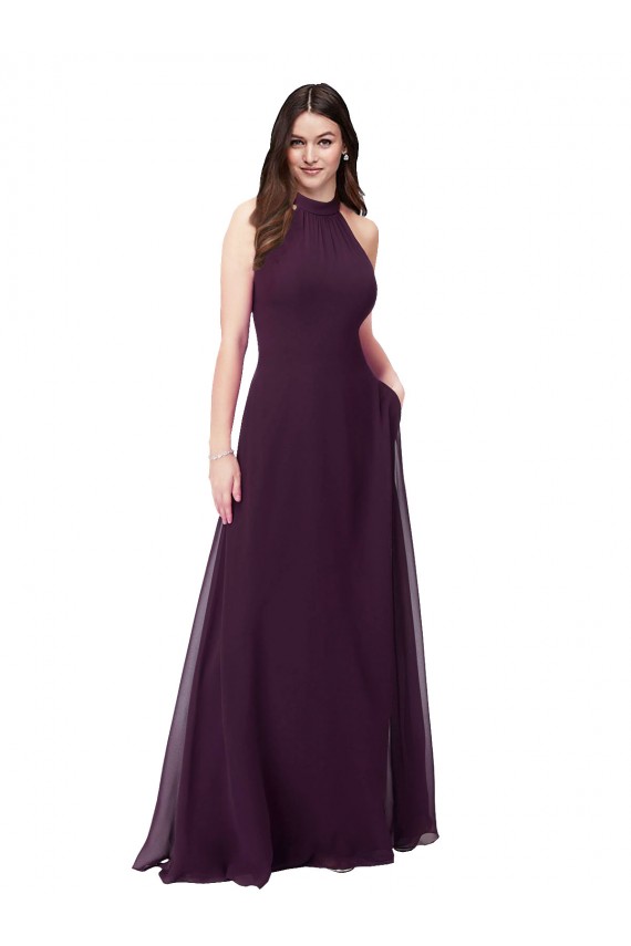 Billigste Traube A-Linien Neckholder Stehkragen Ausschnitt Chiffon Lange Brautjungfernkleider