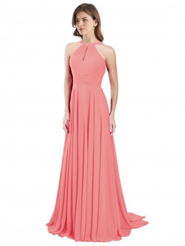 Billigste Wassermelone A-Linien Neckholder Chiffon Lange Brautjungfernkleider