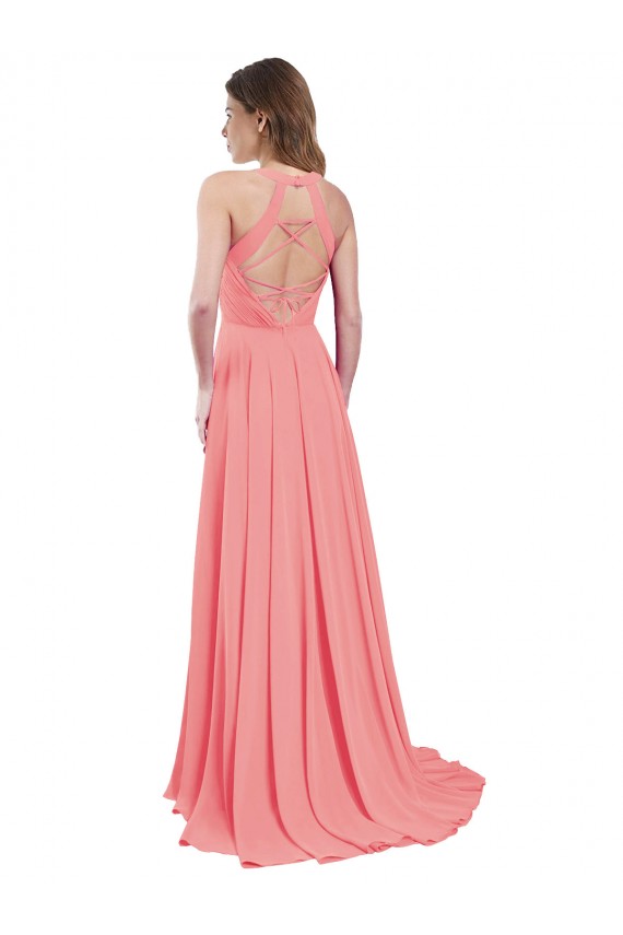 Billigste Wassermelone A-Linien Neckholder Chiffon Lange Brautjungfernkleider