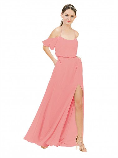 Billigste Wassermelone A-Linien Off-Schulter Chiffon Lange Brautjungfernkleider