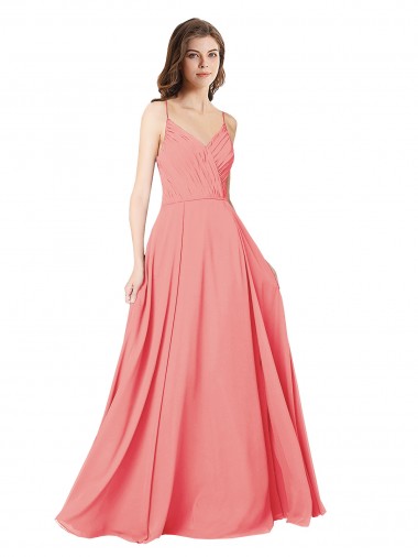 Billigste Wassermelone A-Linien V-Ausschnitt Chiffon Lange Brautjungfernkleider