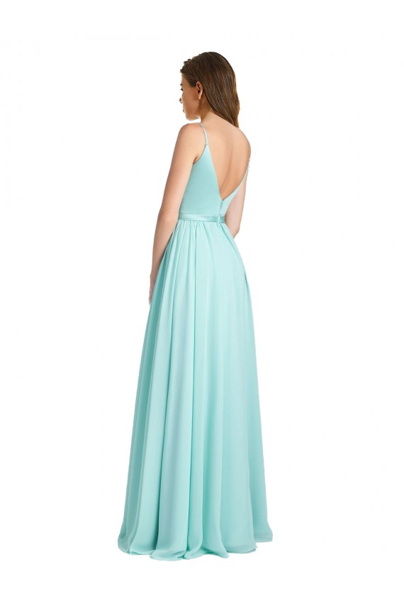 Billigste Waterfall A-Linien V-Ausschnitt Chiffon Satin Lange Brautjungfernkleider