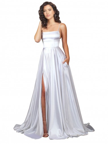 Billigste Weiß A-Linien Spaghetti-Träger Stretch-Satin Einfache Strand Brautkleider