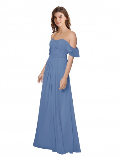 Billigste Windsor Blau A-Linien Off-Schulter Trägerlos Chiffon Lange Brautjungfernkleider