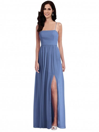 Billigste Windsor Blau A-Linien Spaghetti-Träger Chiffon Lange Brautjungfernkleider
