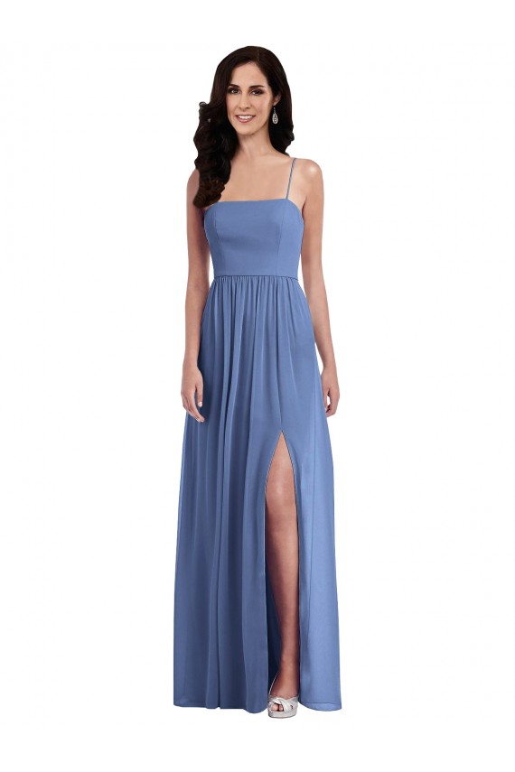 Billigste Windsor Blau A-Linien Spaghetti-Träger Chiffon Lange Brautjungfernkleider