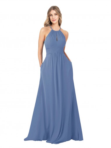 Billigste Windsor Blau A-Linien Stehkragen Ausschnitt Chiffon Lange Brautjungfernkleider