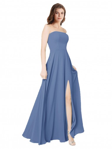 Billigste Windsor Blau A-Linien Trägerlos Chiffon Lange Brautjungfernkleider