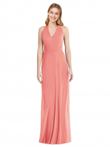 Billigste Wüstenrose Trompete Neckholder V-Ausschnitt Chiffon Lange Formale Brautjungfernkleider / Abendkleider